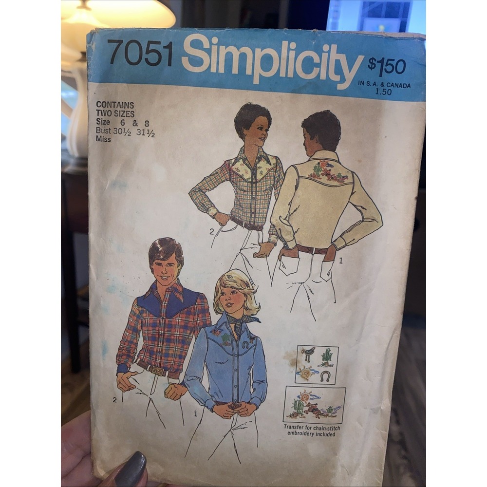 VTG 75 SIMPLICITY 7051 Western Appliqued Shirt Sewing PATTERN Sz 6&8 Cut Compl